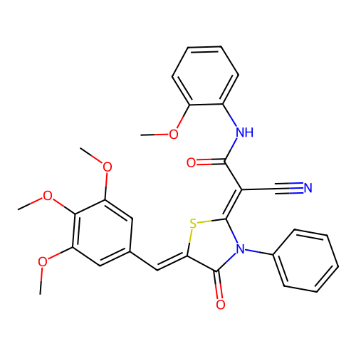 (Z)-2-cyano-N-(2-methoxyphenyl)-2-((Z)-4-oxo-3-phenyl-5-(3,4,5-trimethoxybenzylidene)thiazolidin-2-ylidene)acetamide structure