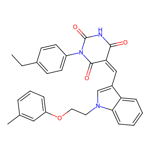 (5Z)-1-(4-ethylphenyl)-5-({1-[2-(3-methylphenoxy)ethyl]-1H-indol-3-yl}methylidene)pyrimidine-2,4,6(1H,3H,5H)-trione structure