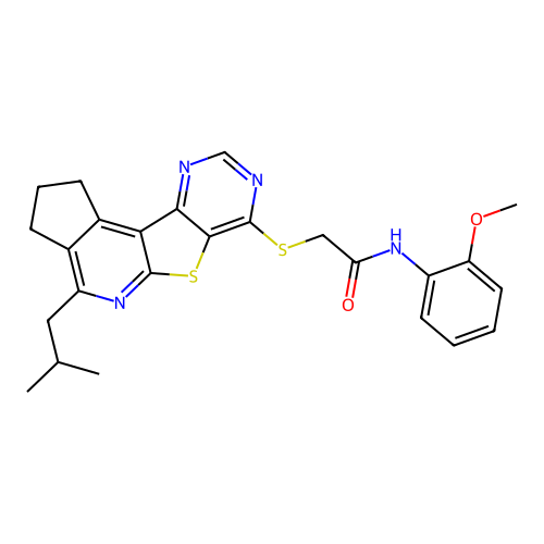 2-((4-isobutyl-2,3-dihydro-1H-cyclopenta[4',5']pyrido[3',2':4,5]thieno[3,2-d]pyrimidin-7-yl)thio)-N-(2-methoxyphenyl)acetamide structure