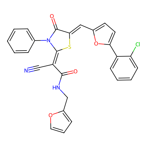 (2Z)-2-[(5Z)-5-[[5-(2-chlorophenyl)furan-2-yl]methylidene]-4-oxo-3-phenyl-1,3-thiazolidin-2-ylidene]-2-cyano-N-(furan-2-ylmethyl)acetamide structure