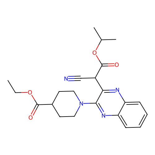 ethyl 1-(3-(1-cyano-2-isopropoxy-2-oxoethyl)quinoxalin-2-yl)piperidine-4-carboxylate structure