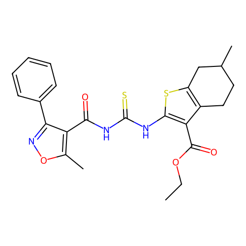 ethyl 6-methyl-2-({[(5-methyl-3-phenyl-1,2-oxazol-4-yl)carbonyl]carbamothioyl}amino)-4,5,6,7-tetrahydro-1-benzothiophene-3-carboxylate structure