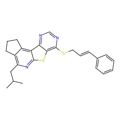 4-(2-methylpropyl)-7-{[(2E)-3-phenylprop-2-en-1-yl]sulfanyl}-2,3-dihydro-1H-cyclopenta[4',5']pyrido[3',2':4,5]thieno[3,2-d]pyrimidine structure