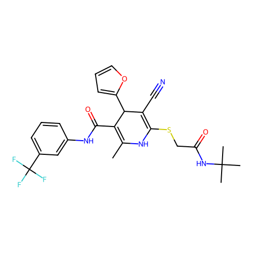 6-((2-(tert-butylamino)-2-oxoethyl)thio)-5-cyano-4-(furan-2-yl)-2-methyl-N-(3-(trifluoromethyl)phenyl)-1,4-dihydropyridine-3-carboxamide structure