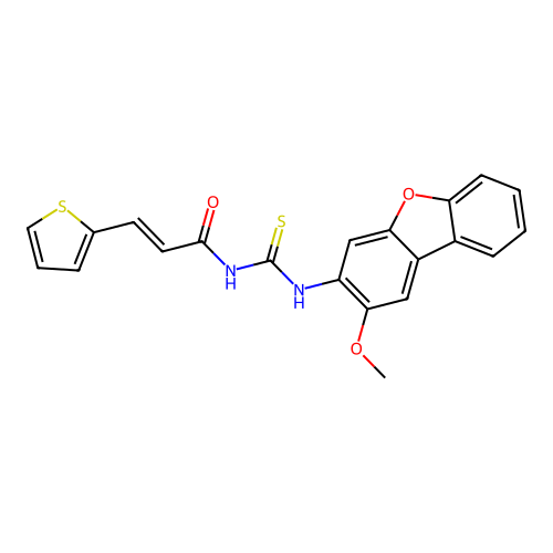(2E)-N-[(2-methoxydibenzo[b,d]furan-3-yl)carbamothioyl]-3-(thiophen-2-yl)prop-2-enamide structure