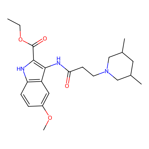 ethyl 3-(3-(3,5-dimethylpiperidin-1-yl)propanamido)-5-methoxy-1H-indole-2-carboxylate structure