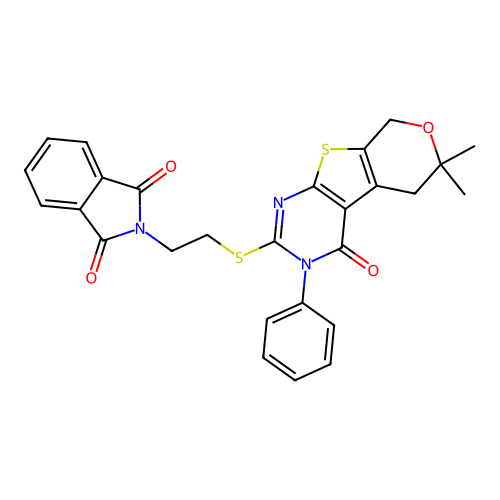 2-(2-((6,6-dimethyl-4-oxo-3-phenyl-4,5,6,8-tetrahydro-3H-pyrano[4',3':4,5]thieno[2,3-d]pyrimidin-2-yl)thio)ethyl)isoindoline-1,3-dione structure