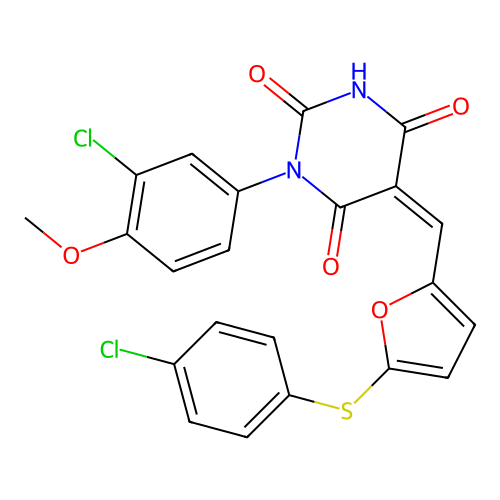 (5Z)-1-(3-chloro-4-methoxyphenyl)-5-[[5-(4-chlorophenyl)sulfanylfuran-2-yl]methylidene]-1,3-diazinane-2,4,6-trione structure