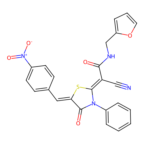 (2Z)-2-cyano-N-(furan-2-ylmethyl)-2-[(5Z)-5-[(4-nitrophenyl)methylidene]-4-oxo-3-phenyl-1,3-thiazolidin-2-ylidene]acetamide structure