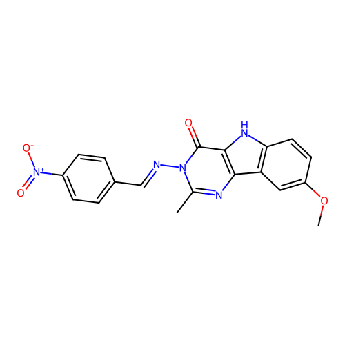 (E)-8-methoxy-2-methyl-3-((4-nitrobenzylidene)amino)-3H-pyrimido[5,4-b]indol-4(5H)-one structure