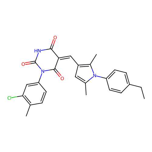 (Z)-1-(3-chloro-4-methylphenyl)-5-((1-(4-ethylphenyl)-2,5-dimethyl-1H-pyrrol-3-yl)methylene)pyrimidine-2,4,6(1H,3H,5H)-trione structure