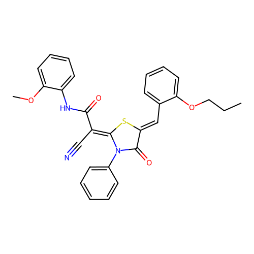 (Z)-2-cyano-N-(2-methoxyphenyl)-2-((Z)-4-oxo-3-phenyl-5-(2-propoxybenzylidene)thiazolidin-2-ylidene)acetamide structure
