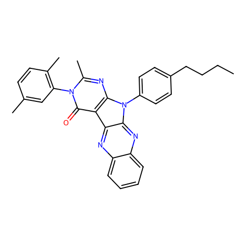 11-(4-butylphenyl)-3-(2,5-dimethylphenyl)-2-methyl-3H-pyrimido[5',4':4,5]pyrrolo[2,3-b]quinoxalin-4(11H)-one structure
