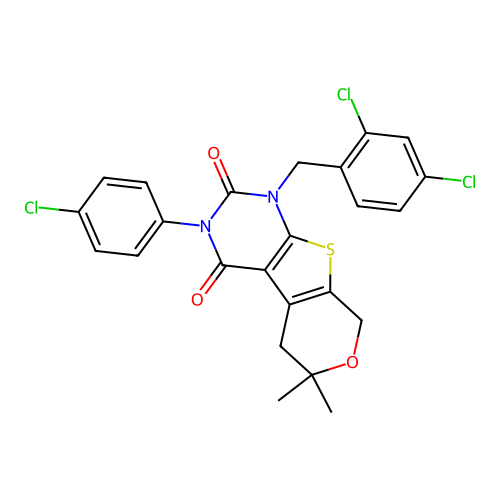 3-(4-chlorophenyl)-1-(2,4-dichlorobenzyl)-6,6-dimethyl-5,6-dihydro-1H-pyrano[4',3':4,5]thieno[2,3-d]pyrimidine-2,4(3H,8H)-dione structure