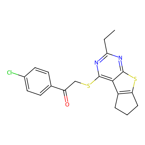1-(4-chlorophenyl)-2-((2-ethyl-6,7-dihydro-5H-cyclopenta[4,5]thieno[2,3-d]pyrimidin-4-yl)thio)ethanone structure