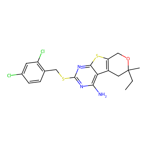 2-((2,4-dichlorobenzyl)thio)-6-ethyl-6-methyl-6,8-dihydro-5H-pyrano[4',3':4,5]thieno[2,3-d]pyrimidin-4-amine structure