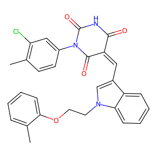 (5Z)-1-(3-chloro-4-methylphenyl)-5-({1-[2-(2-methylphenoxy)ethyl]-1H-indol-3-yl}methylidene)pyrimidine-2,4,6(1H,3H,5H)-trione structure