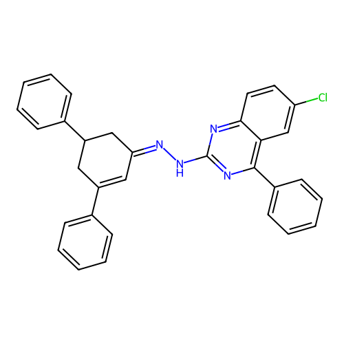 6-chloro-2-[(2Z)-2-(3,5-diphenylcyclohex-2-en-1-ylidene)hydrazinyl]-4-phenylquinazoline structure