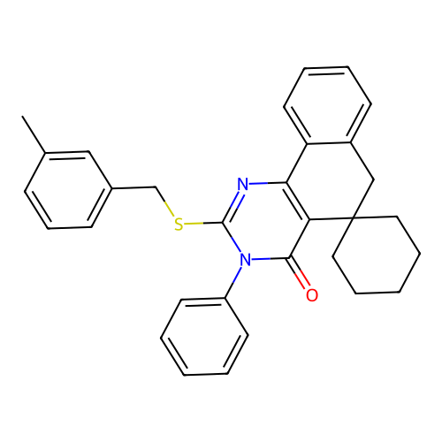 2-((3-methylbenzyl)thio)-3-phenyl-3H-spiro[benzo[h]quinazoline-5,1'-cyclohexan]-4(6H)-one structure