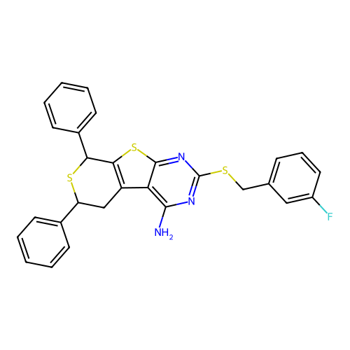 2-((3-fluorobenzyl)thio)-6,8-diphenyl-6,8-dihydro-5H-thiopyrano[4',3':4,5]thieno[2,3-d]pyrimidin-4-amine structure