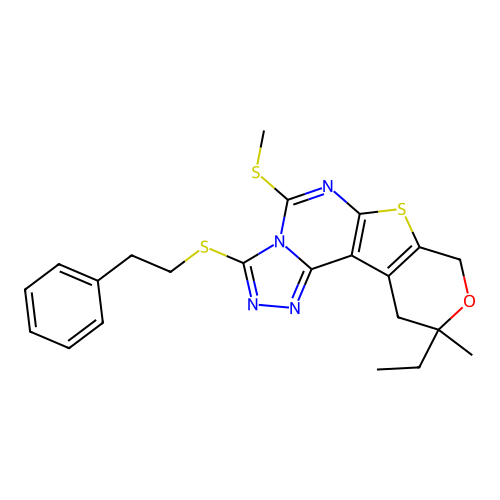 10-ethyl-10-methyl-5-(methylsulfanyl)-3-[(2-phenylethyl)sulfanyl]-10,11-dihydro-8H-pyrano[4',3':4,5]thieno[3,2-e][1,2,4]triazolo[4,3-c]pyrimidine structure