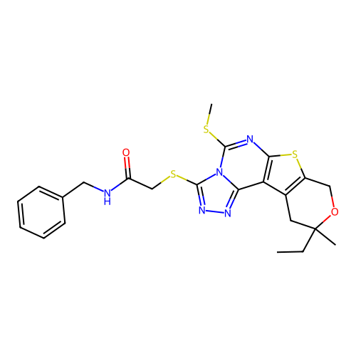 N-benzyl-2-{[10-ethyl-10-methyl-5-(methylsulfanyl)-10,11-dihydro-8H-pyrano[4',3':4,5]thieno[3,2-e][1,2,4]triazolo[4,3-c]pyrimidin-3-yl]sulfanyl}acetamide structure