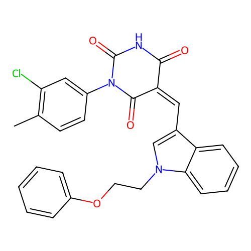 (5Z)-1-(3-chloro-4-methylphenyl)-5-[[1-(2-phenoxyethyl)indol-3-yl]methylidene]-1,3-diazinane-2,4,6-trione structure