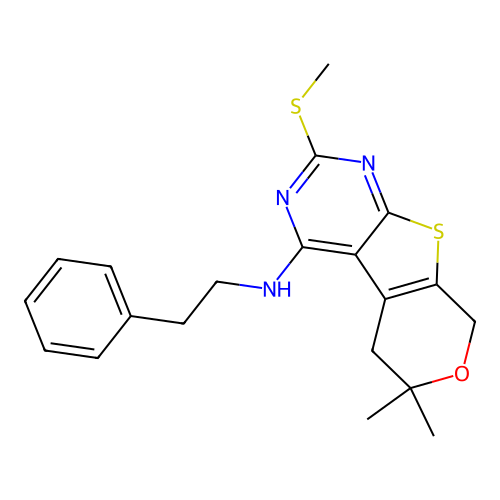 6,6-dimethyl-2-(methylsulfanyl)-N-(2-phenylethyl)-5,8-dihydro-6H-pyrano[4',3':4,5]thieno[2,3-d]pyrimidin-4-amine structure