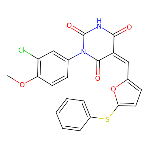 (5Z)-1-(3-chloro-4-methoxyphenyl)-5-[(5-phenylsulfanylfuran-2-yl)methylidene]-1,3-diazinane-2,4,6-trione structure