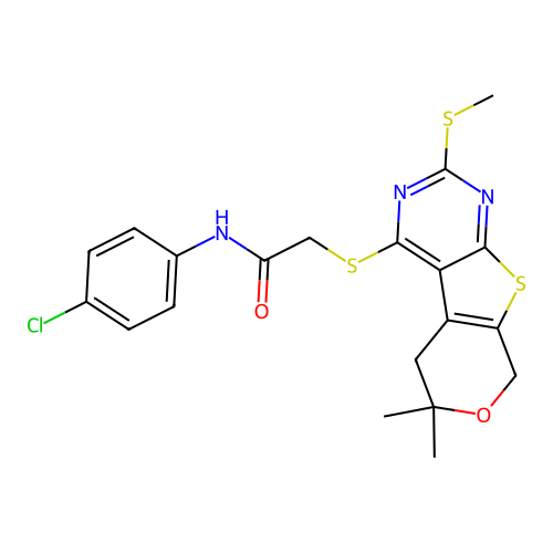 N-(4-chlorophenyl)-2-{[6,6-dimethyl-2-(methylsulfanyl)-5,8-dihydro-6H-pyrano[4',3':4,5]thieno[2,3-d]pyrimidin-4-yl]sulfanyl}acetamide structure