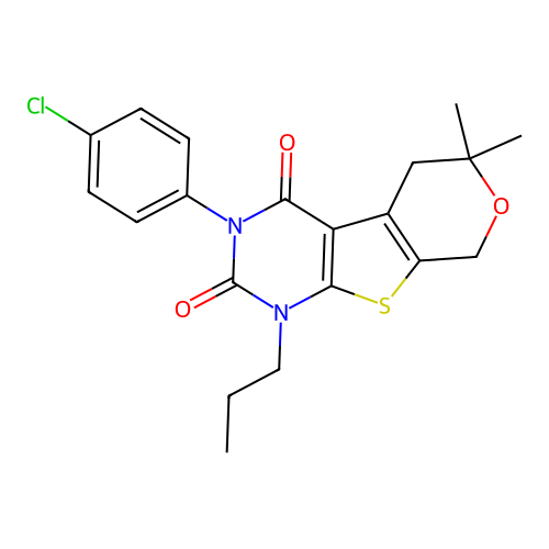 3-(4-chlorophenyl)-6,6-dimethyl-1-propyl-5,6-dihydro-1H-pyrano[4',3':4,5]thieno[2,3-d]pyrimidine-2,4(3H,8H)-dione structure