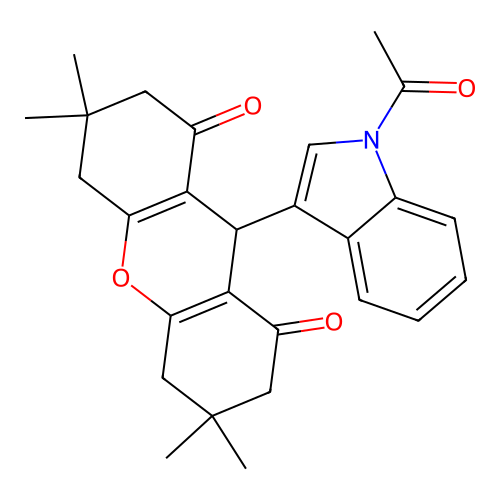 9-(1-acetyl-1H-indol-3-yl)-3,3,6,6-tetramethyl-3,4,5,6,7,9-hexahydro-1H-xanthene-1,8(2H)-dione structure