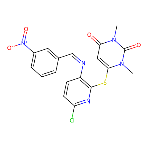(E)-6-((6-chloro-3-((3-nitrobenzylidene)amino)pyridin-2-yl)thio)-1,3-dimethylpyrimidine-2,4(1H,3H)-dione structure