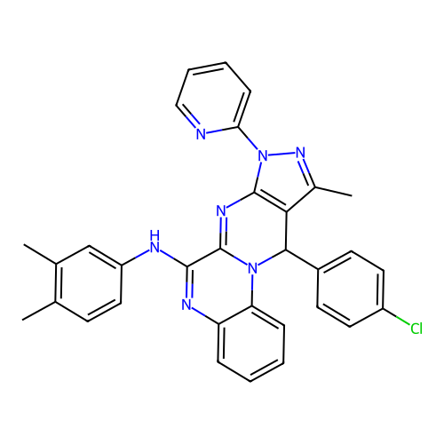 11-(4-chlorophenyl)-N-(3,4-dimethylphenyl)-10-methyl-8-(pyridin-2-yl)-8,11-dihydropyrazolo[3',4':4,5]pyrimido[1,2-a]quinoxalin-6-amine structure