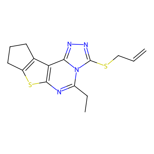 3-(allylthio)-5-ethyl-9,10-dihydro-8H-cyclopenta[4,5]thieno[3,2-e][1,2,4]triazolo[4,3-c]pyrimidine structure