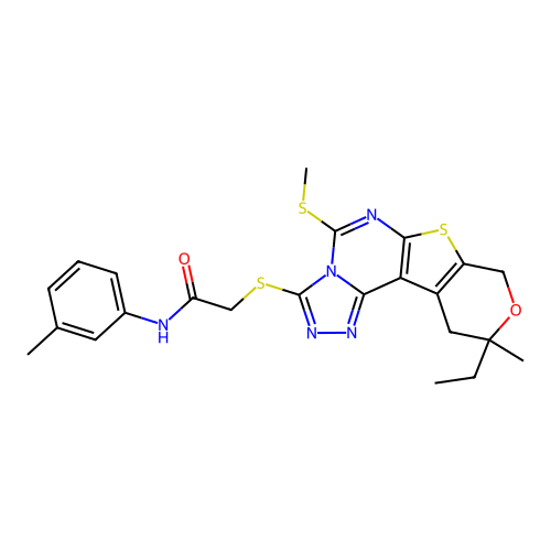 2-((10-ethyl-10-methyl-5-(methylthio)-10,11-dihydro-8H-pyrano[4',3':4,5]thieno[3,2-e][1,2,4]triazolo[4,3-c]pyrimidin-3-yl)thio)-N-(m-tolyl)acetamide structure