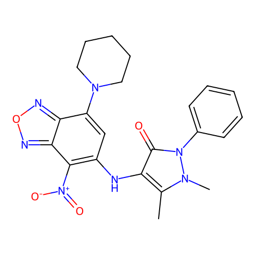 1,5-dimethyl-4-((4-nitro-7-(piperidin-1-yl)benzo[c][1,2,5]oxadiazol-5-yl)amino)-2-phenyl-1H-pyrazol-3(2H)-one structure