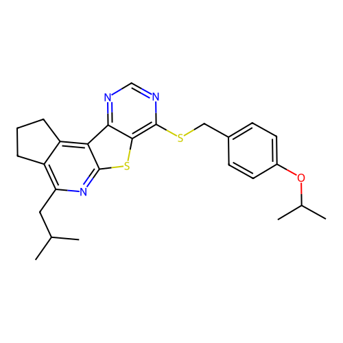 4-(2-methylpropyl)-7-{[4-(propan-2-yloxy)benzyl]sulfanyl}-2,3-dihydro-1H-cyclopenta[4',5']pyrido[3',2':4,5]thieno[3,2-d]pyrimidine structure