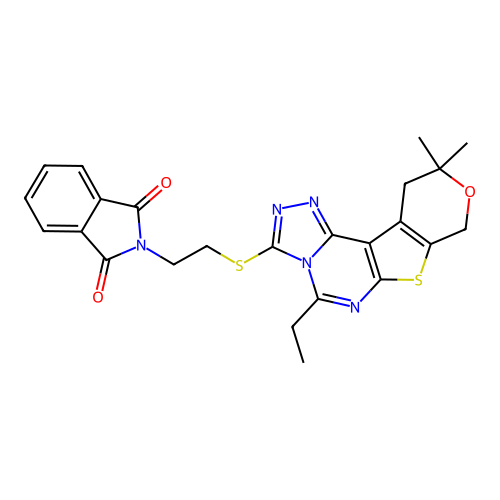 2-(2-((5-ethyl-10,10-dimethyl-10,11-dihydro-8H-pyrano[4',3':4,5]thieno[3,2-e][1,2,4]triazolo[4,3-c]pyrimidin-3-yl)thio)ethyl)isoindoline-1,3-dione structure
