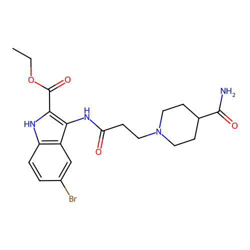 ethyl 5-bromo-3-(3-(4-carbamoylpiperidin-1-yl)propanamido)-1H-indole-2-carboxylate structure