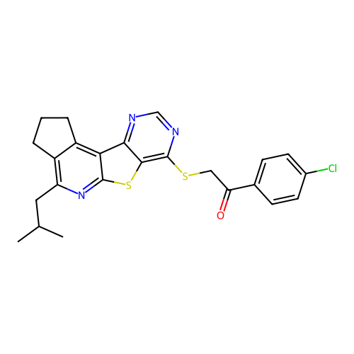 1-(4-chlorophenyl)-2-((4-isobutyl-2,3-dihydro-1H-cyclopenta[4',5']pyrido[3',2':4,5]thieno[3,2-d]pyrimidin-7-yl)thio)ethanone structure