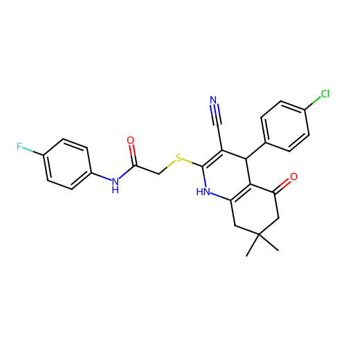 2-((4-(4-chlorophenyl)-3-cyano-7,7-dimethyl-5-oxo-1,4,5,6,7,8-hexahydroquinolin-2-yl)thio)-N-(4-fluorophenyl)acetamide structure