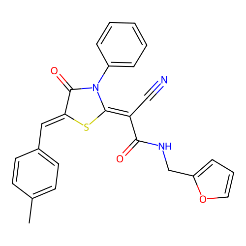 (Z)-2-cyano-N-(furan-2-ylmethyl)-2-((Z)-5-(4-methylbenzylidene)-4-oxo-3-phenylthiazolidin-2-ylidene)acetamide structure