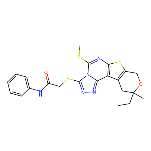 2-((10-ethyl-10-methyl-5-(methylthio)-10,11-dihydro-8H-pyrano[4',3':4,5]thieno[3,2-e][1,2,4]triazolo[4,3-c]pyrimidin-3-yl)thio)-N-phenylacetamide structure