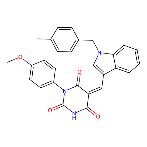 (Z)-1-(4-methoxyphenyl)-5-((1-(4-methylbenzyl)-1H-indol-3-yl)methylene)pyrimidine-2,4,6(1H,3H,5H)-trione structure