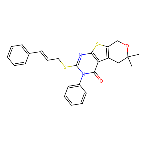 2-(cinnamylthio)-6,6-dimethyl-3-phenyl-5,6-dihydro-3H-pyrano[4',3':4,5]thieno[2,3-d]pyrimidin-4(8H)-one structure