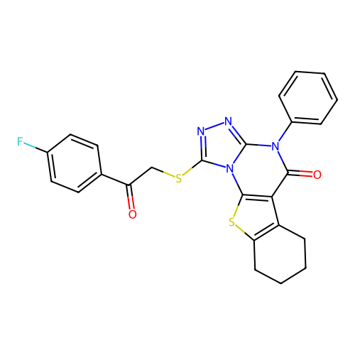 1-((2-(4-fluorophenyl)-2-oxoethyl)thio)-4-phenyl-6,7,8,9-tetrahydrobenzo[4,5]thieno[3,2-e][1,2,4]triazolo[4,3-a]pyrimidin-5(4H)-one structure
