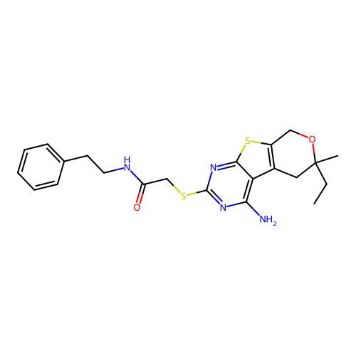 2-[(4-amino-6-ethyl-6-methyl-5,8-dihydro-6H-pyrano[4',3':4,5]thieno[2,3-d]pyrimidin-2-yl)sulfanyl]-N-(2-phenylethyl)acetamide structure