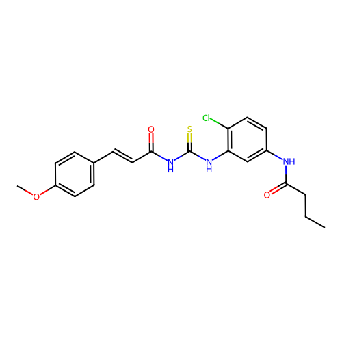 (E)-N-(4-chloro-3-(3-(3-(4-methoxyphenyl)acryloyl)thioureido)phenyl)butyramide structure