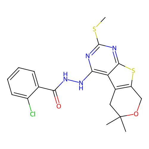 2-chloro-N'-(6,6-dimethyl-2-(methylthio)-6,8-dihydro-5H-pyrano[4',3':4,5]thieno[2,3-d]pyrimidin-4-yl)benzohydrazide structure